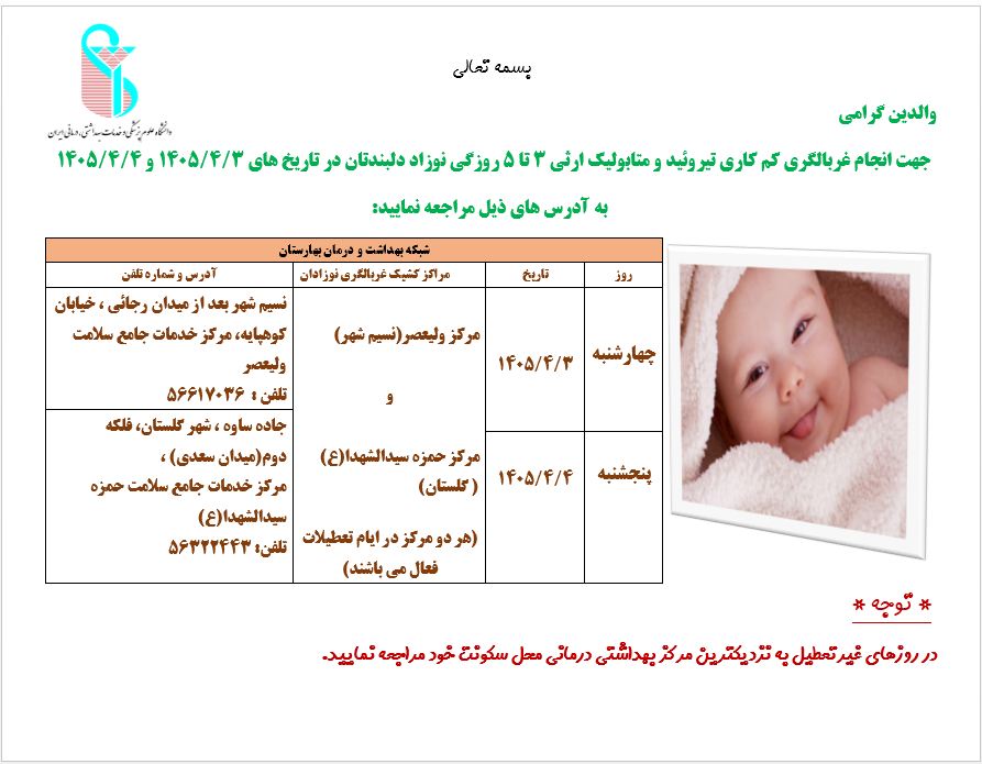 برنامه غربالگری کم کاری تیروئید و متابولیک ارثی 3تا 5 روزگی نوزاد در ایام تعطیل